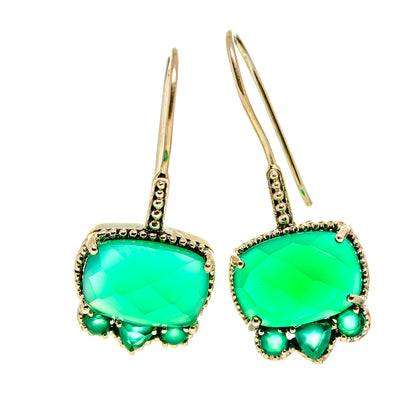 Green onyx drop earrings, gold-tone hooks with faceted green stone and dangling bead trim