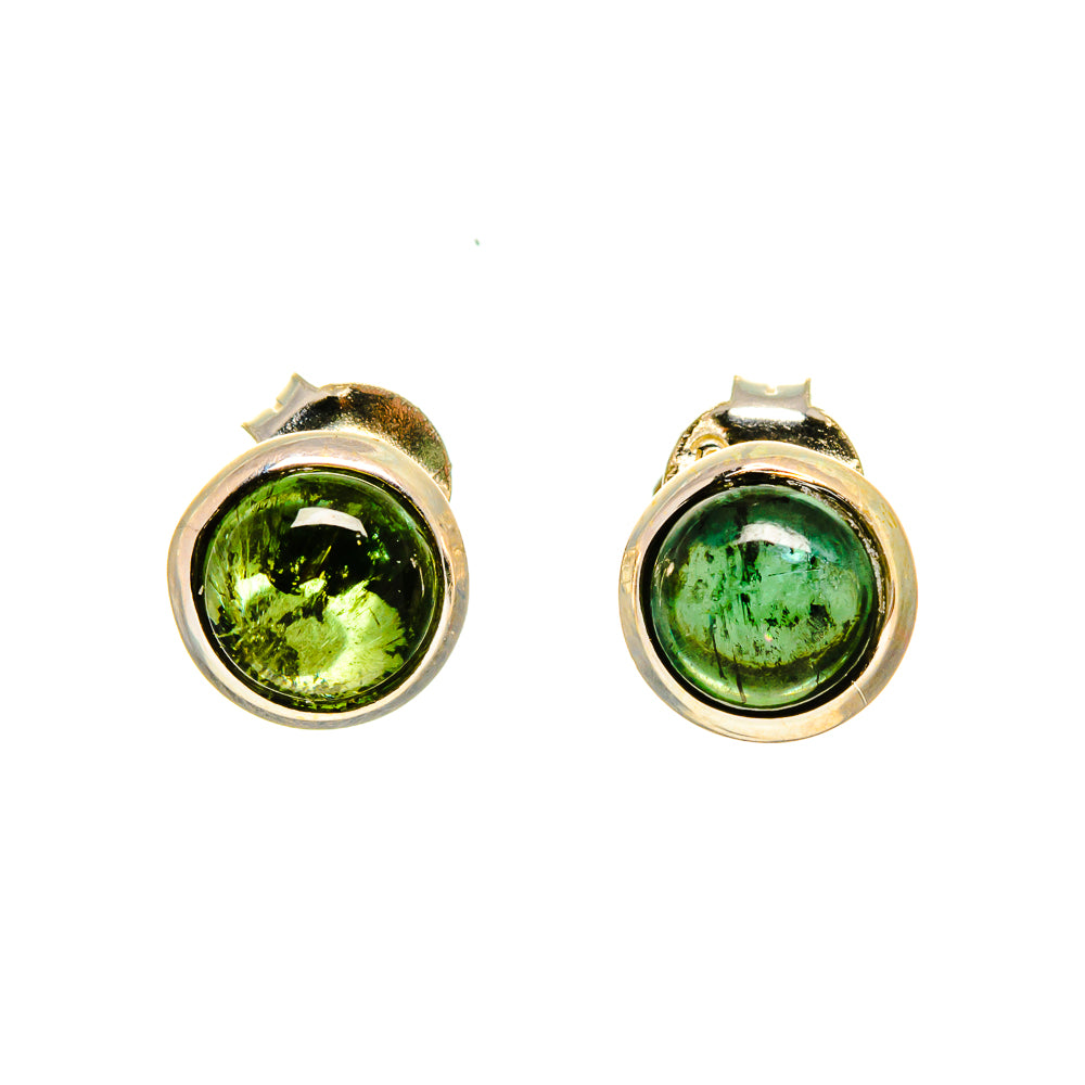 Green tourmaline stud earrings, round stones in silver bezels