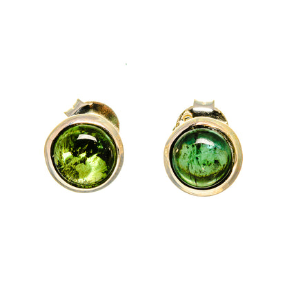 Green tourmaline stud earrings, round stones in silver bezels