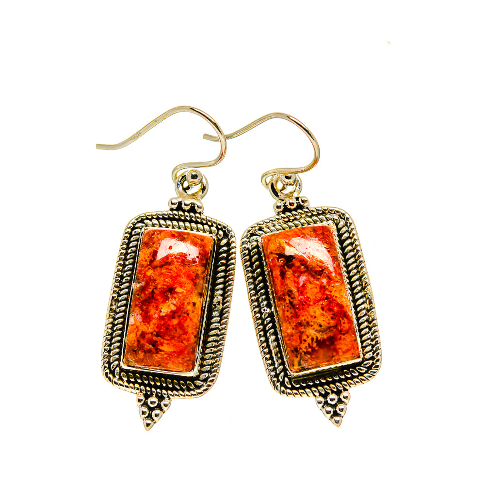 Silver-tone drop earrings with rectangular red-orange sponge coral stones and teardrop frames
