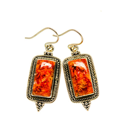 Silver-tone drop earrings with rectangular red-orange sponge coral stones and teardrop frames