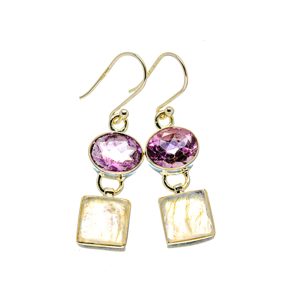 Amethyst and rainbow moonstone drop earrings, purple oval stones and square iridescent pendants, 925 silver hooks