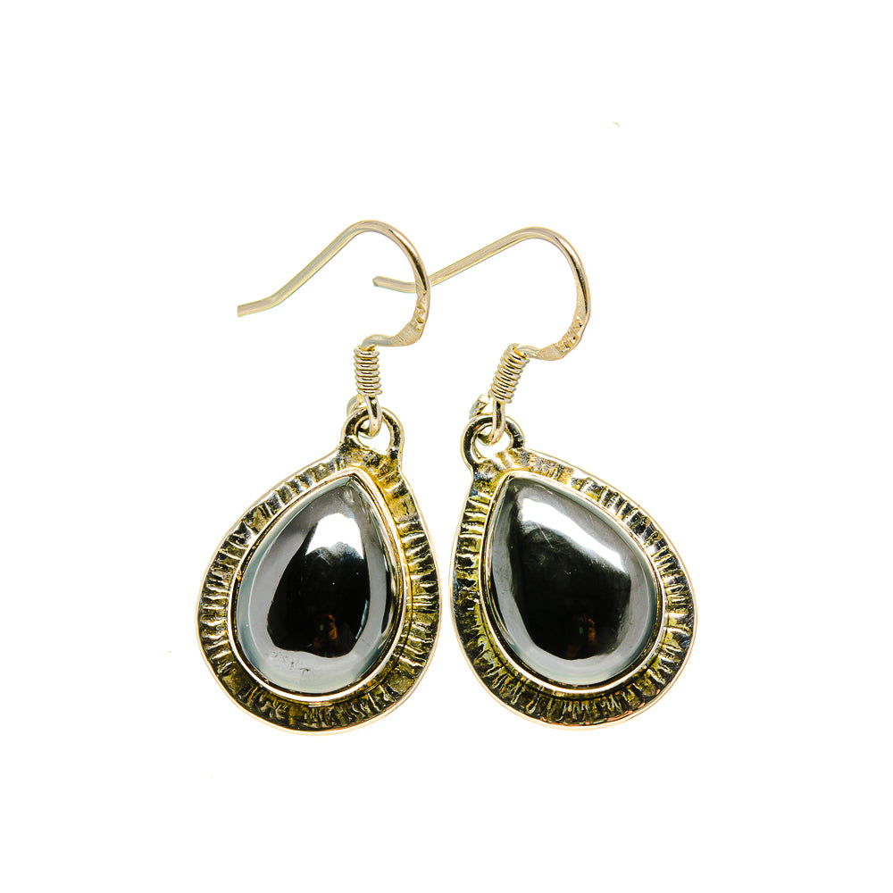 Hematite teardrop earrings, gold-tone 925 sterling silver hooks with black teardrop stones