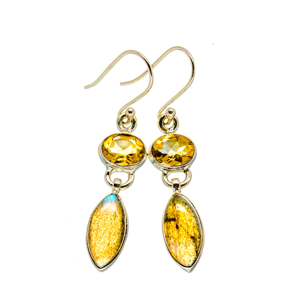 Sterling silver earrings with round yellow citrine tops and oval labradorite drops