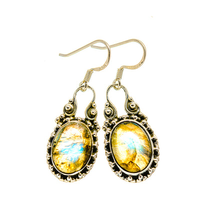 Oval labradorite drop earrings, ornate sterling silver frames with fishhook backs