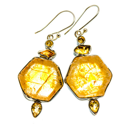 Rough citrine drop earrings in 925 sterling silver, irregular hexagon stones with top loops