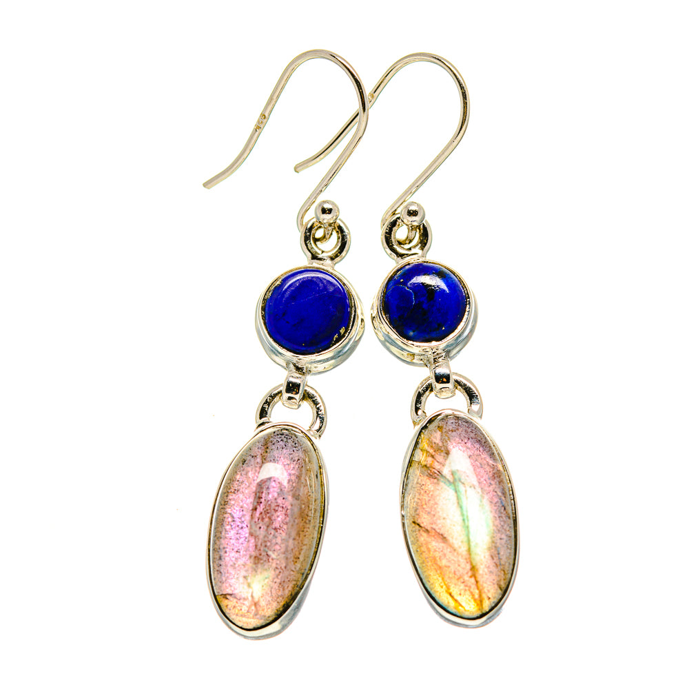 Sterling silver drop earrings with blue cabochon and iridescent oval stones