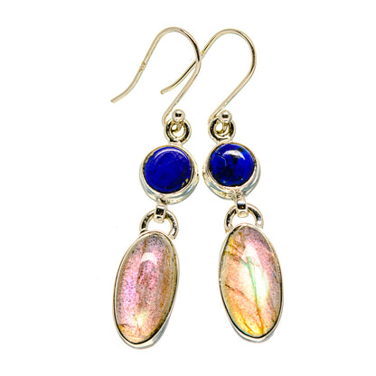Sterling silver drop earrings with blue cabochon and iridescent oval stones