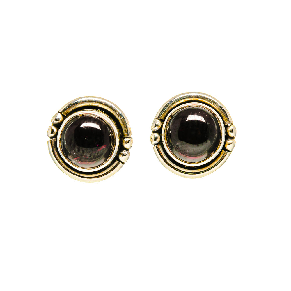 Round black-garnet stud earrings in silver with ridged halo settings