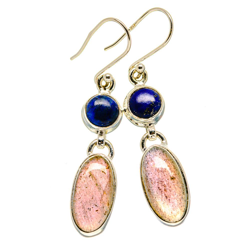 Drop earrings with blue round cabochons and pink-and-blue oval gemstone dangles