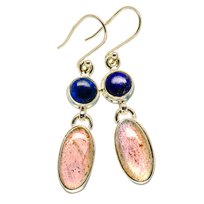 Drop earrings with blue round cabochons and pink-and-blue oval gemstone dangles