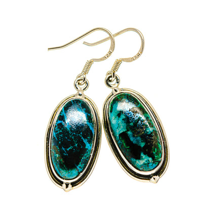 Oval shattuckite drop earrings, sterling silver bezel set turquoise-green stones, fishhooks