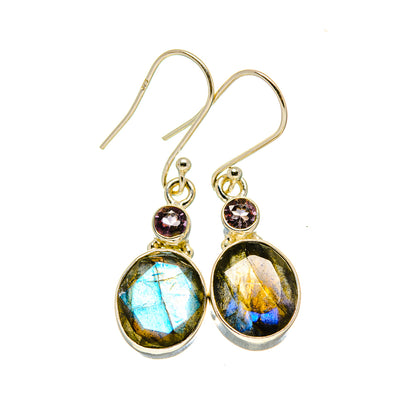 Silver-tone hook earrings with blue labradorite oval drops and purple accent stones