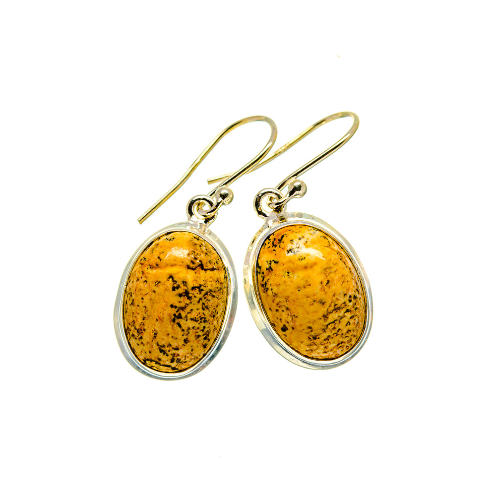 Oval picture jasper drop earrings in silver bezel with fishhook closures