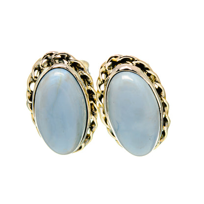Oval opal stud earrings, gold-tone bezel and scalloped frame, light blue cabochon