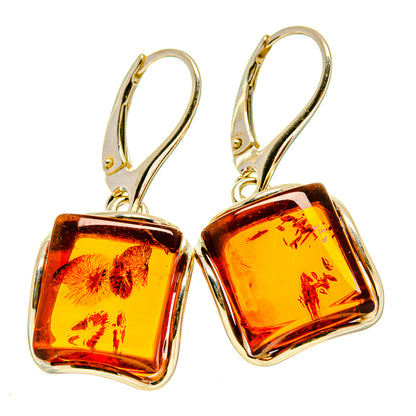 Gold-tone amber cube drop earrings with 925 sterling silver hooks