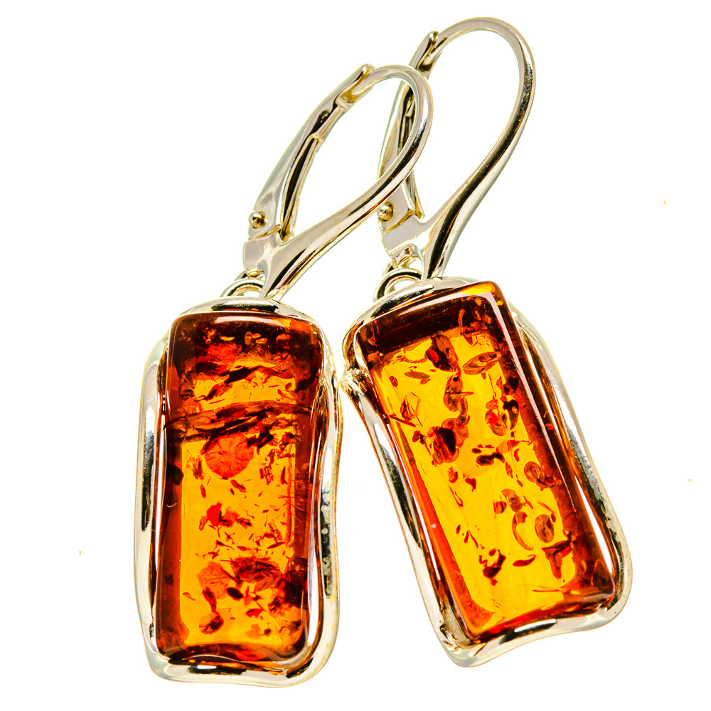 Amber drop earrings with rectangular stones in gold-tone frames and 925 hooks