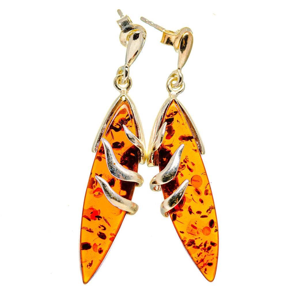 925 sterling silver Baltic amber drop earrings, orange teardrop stones with silver prongs
