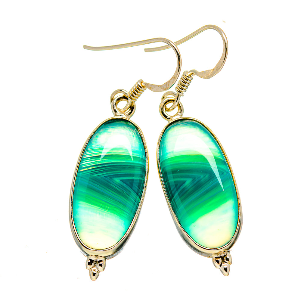 Gold-tone oval green agate drop earrings with lever backs