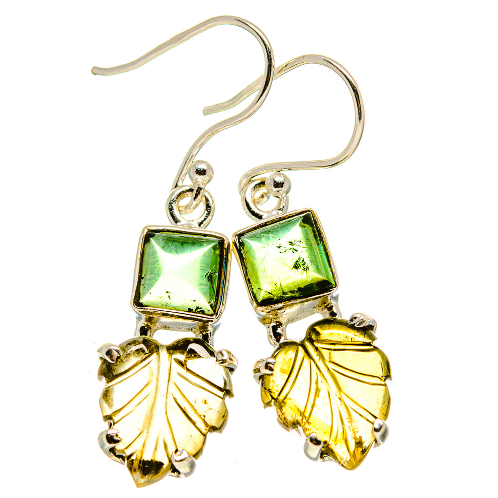 Sterling silver drop earrings with green square gemstones and yellow fan charms