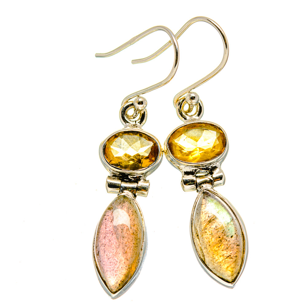 Sterling silver drop earrings with yellow citrine cabochons and iridescent pink teardrops
