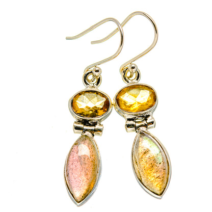 Sterling silver drop earrings with yellow citrine cabochons and iridescent pink teardrops