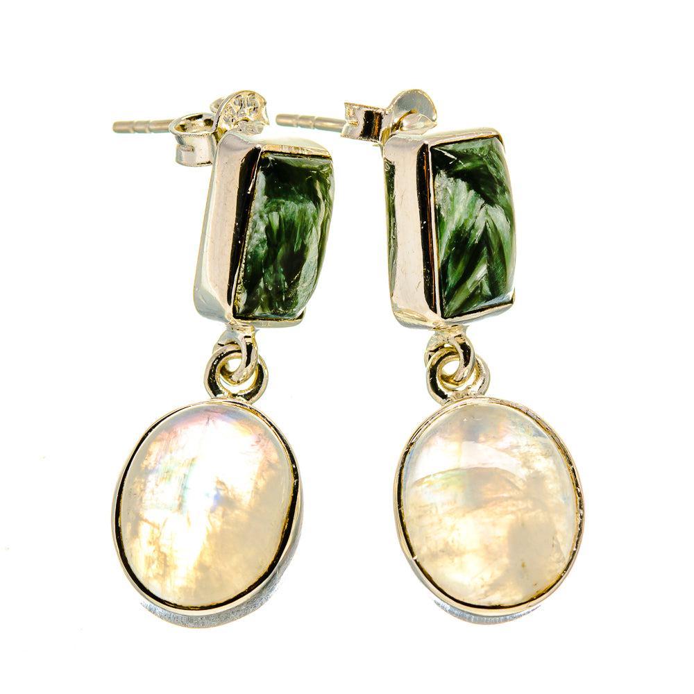 Sterling silver hoop-style earrings with green seraphinite bars and oval moonstone drops