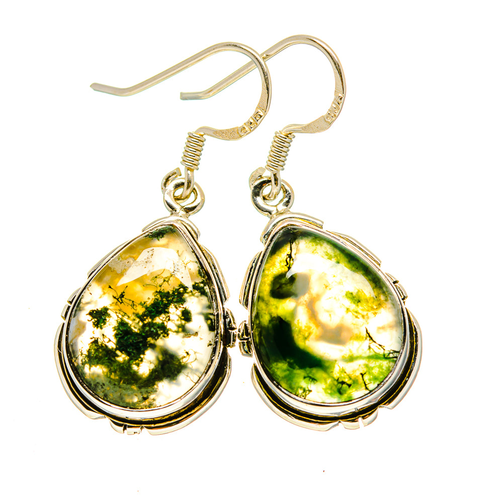 Oval moss agate drop earrings in 925 sterling silver with hook backs
