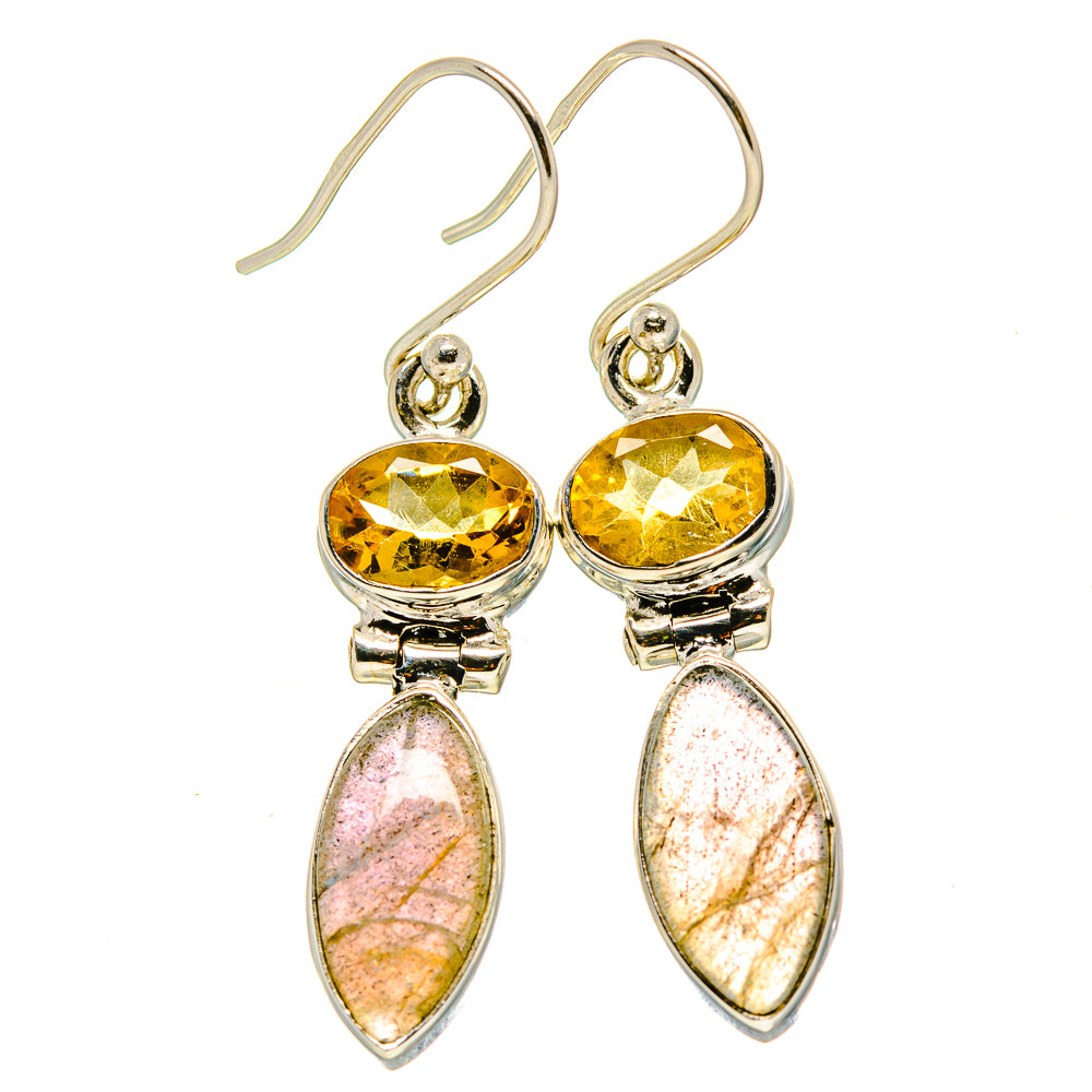 925 sterling silver citrine and labradorite drop earrings, yellow and iridescent stones