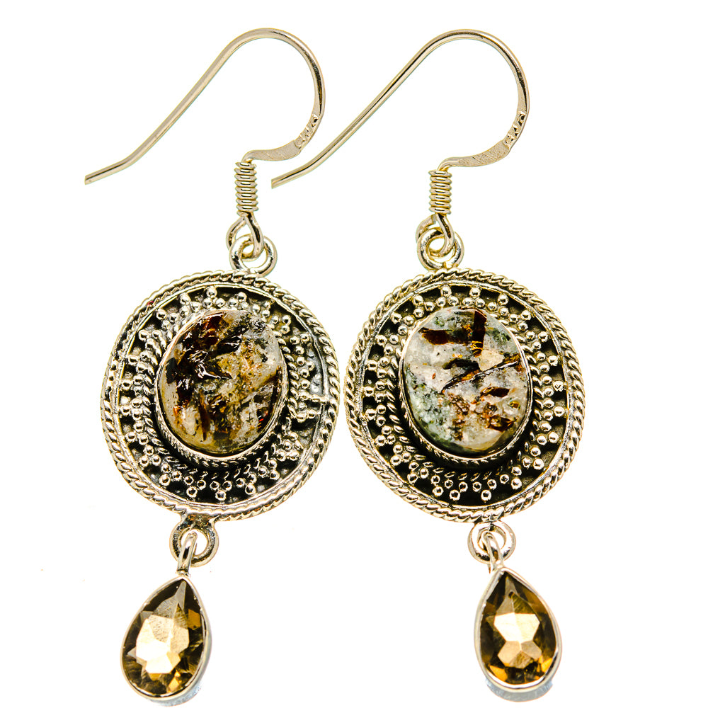 Pair of sterling silver drop earrings with ornate round gemstone and smoky quartz drops