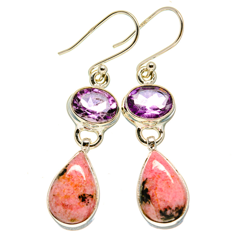 Gold-tone drop earrings with purple amethyst and pink rhodonite teardrop stones