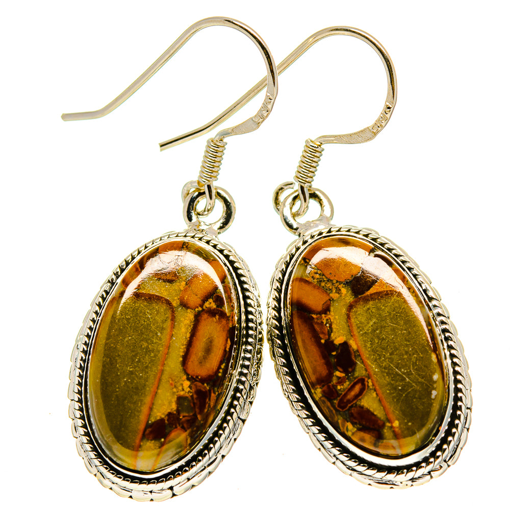 Pair of sterling silver oval jasper drop earrings with textured bezel and fishhook