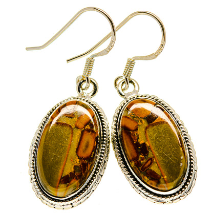 Pair of sterling silver oval jasper drop earrings with textured bezel and fishhook