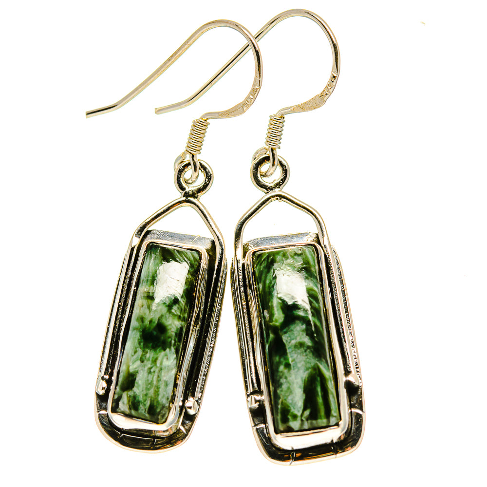 Rectangular seraphinite drop earrings with green stone in 925 sterling silver bezels