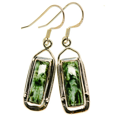 Rectangular seraphinite drop earrings with green stone in 925 sterling silver bezels