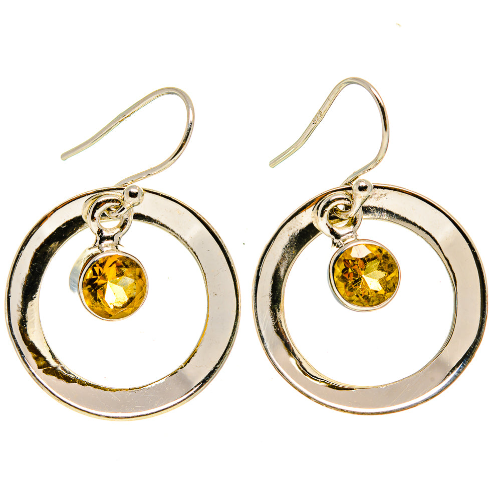 Round amber citrine disc drop earrings in 925 sterling silver with leverback hooks