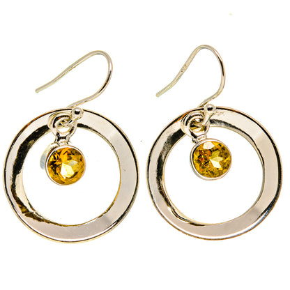 Round amber citrine disc drop earrings in 925 sterling silver with leverback hooks