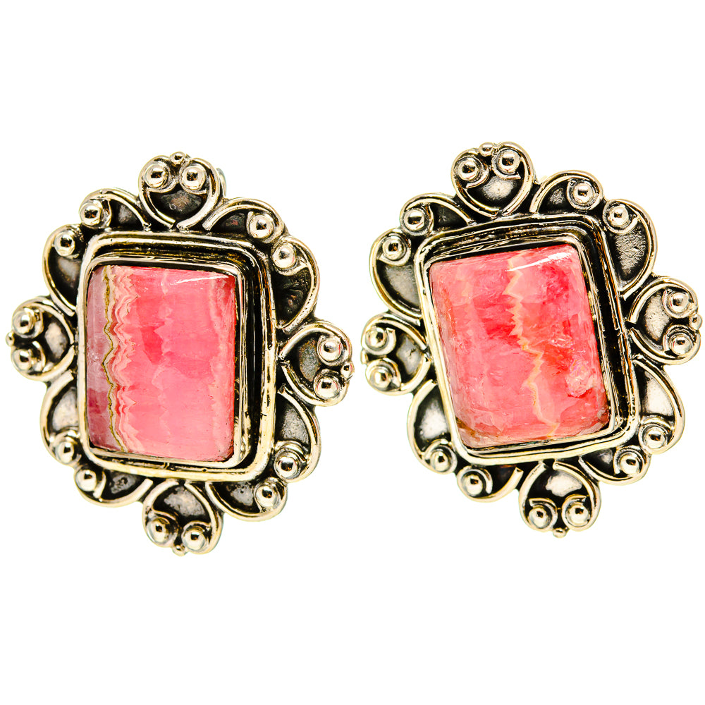 Square pink rhodochrosite earrings in ornate 925 sterling silver setting