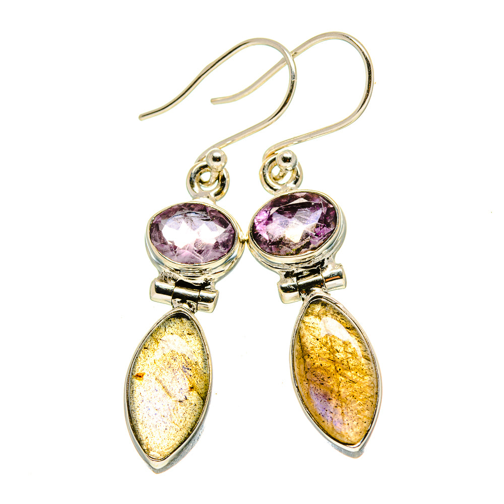 Amethyst & labradorite oval drop earrings on sterling silver hooks, purple top, gold sparkle bottom