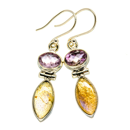 Amethyst & labradorite oval drop earrings on sterling silver hooks, purple top, gold sparkle bottom