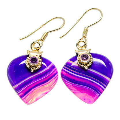 Purple heart agate earrings with purple center stone, gold-tone scalloped frames, silver hooks