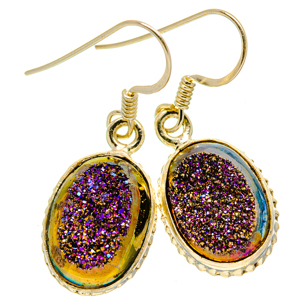 Oval druzy earrings with purple glitter cabochons, gold-tone bezel, drop style