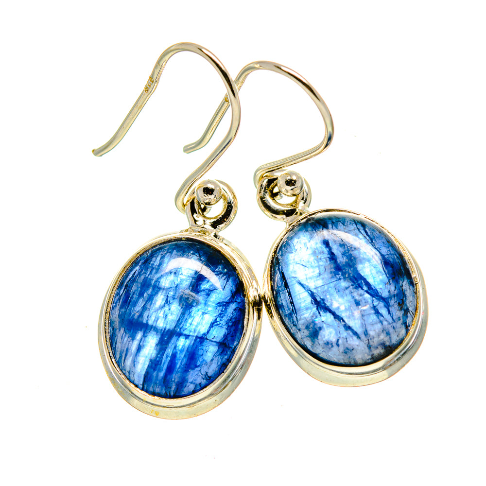 Pair of oval blue kyanite cabochon earrings in sterling silver, fishhook style