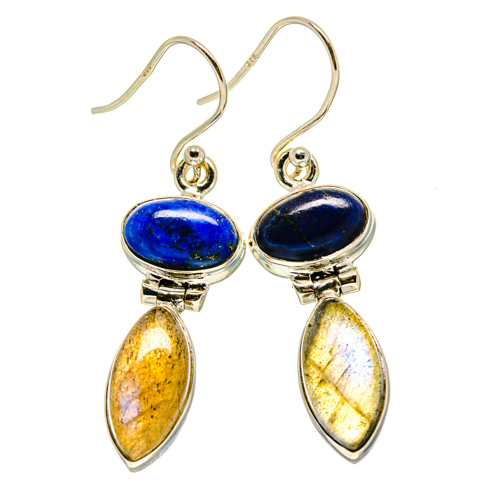 Sterling silver earrings with blue lapis top and yellow iridescent labradorite teardrops