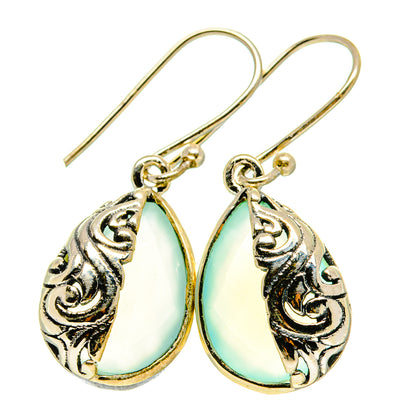 Aqua chalcedony teardrop earrings in 925 sterling silver with ornate bail hooks