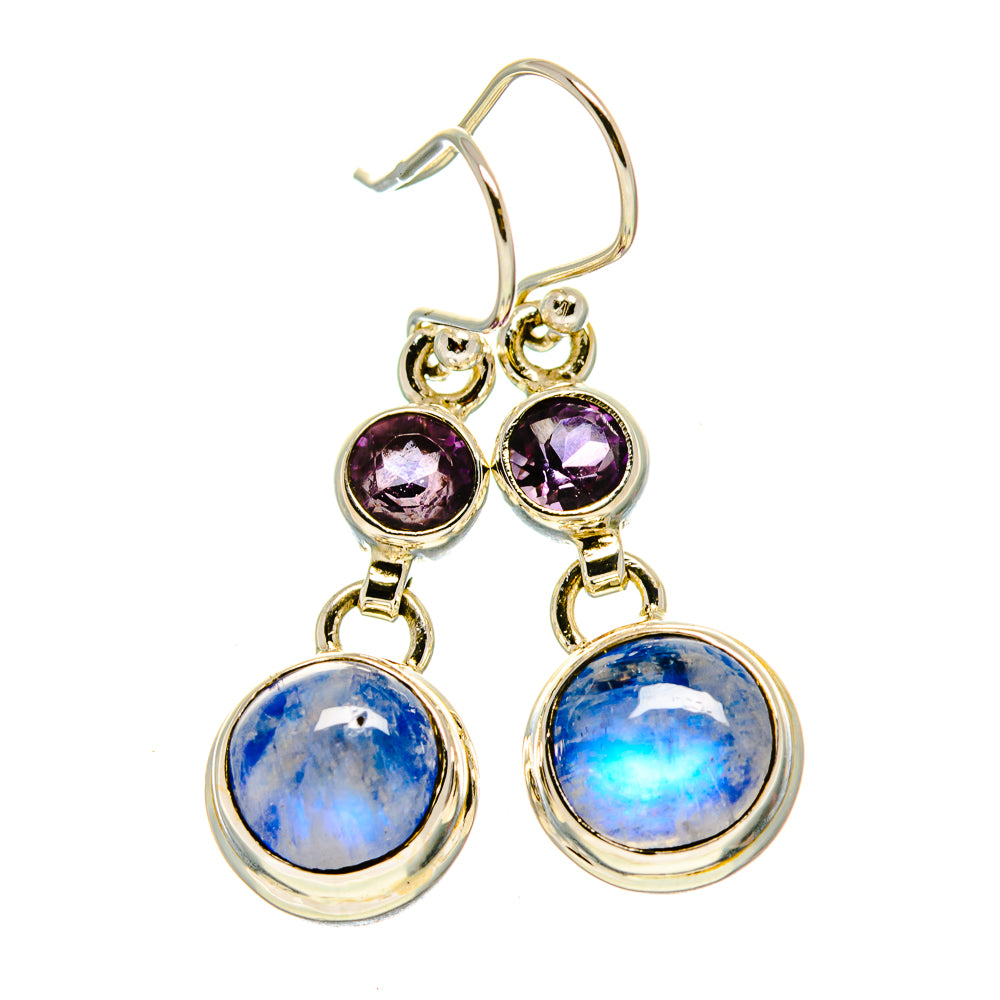 Amethyst and moonstone drop earrings with purple tops and blue cabochons