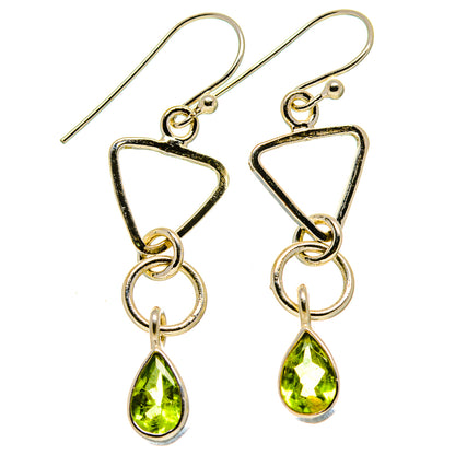 Peridot drop earrings with triangular frames, green teardrop stones, fishhook, silver-tone