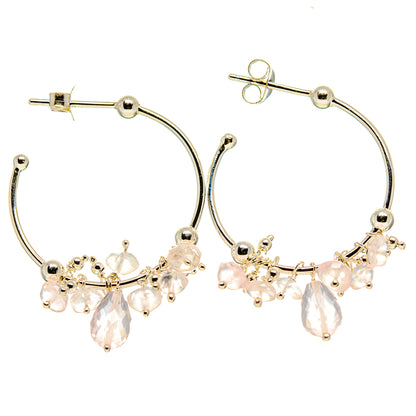 Sterling silver hoop earrings with rose quartz pink gemstone cluster, ball posts