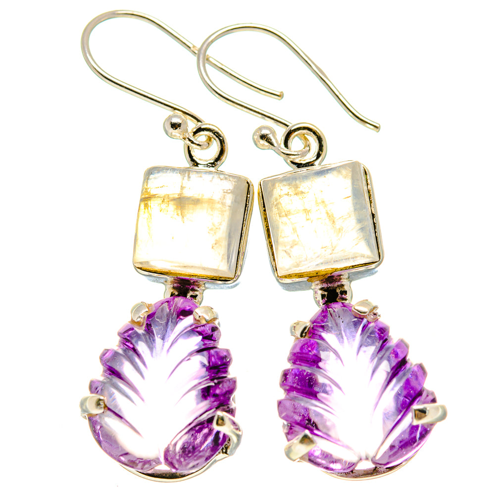 Pair of square iridescent moonstone earrings with purple amethyst flower drops, silver hooks