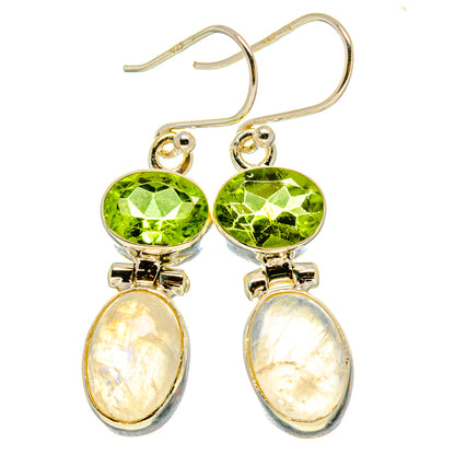 Silver fishhook earrings with green faceted round stones and oval iridescent moonstone drops